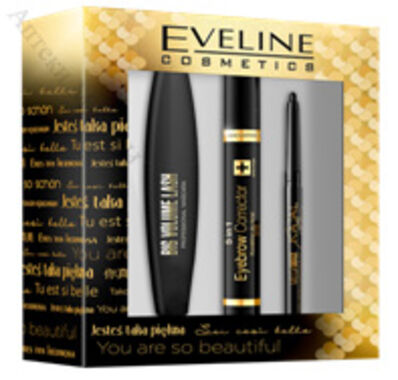 Eveline Big Volume Lash Спирала за очи - 9 мл + Kajal Mega Max Молив за очи - черен - 1 бр + Коректор за вежди - тъмно-кафяв - 9 мл