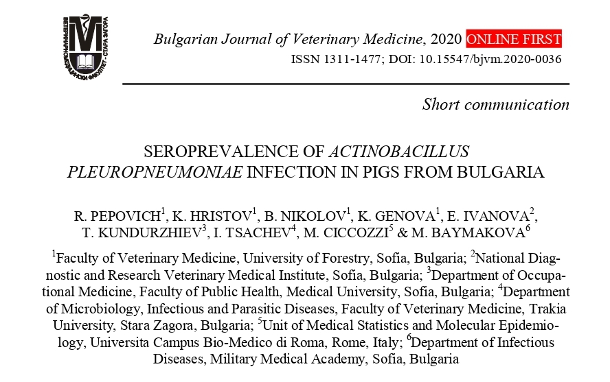 Seroprevalence of Actinobacillus pleuropneumoniae Infection in Pigs from Bulgaria