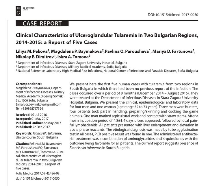 Clinical Characteristics of Ulceroglandular Tularemia in Two Bulgarian Regions, 2014-2015: A Report of Five Cases