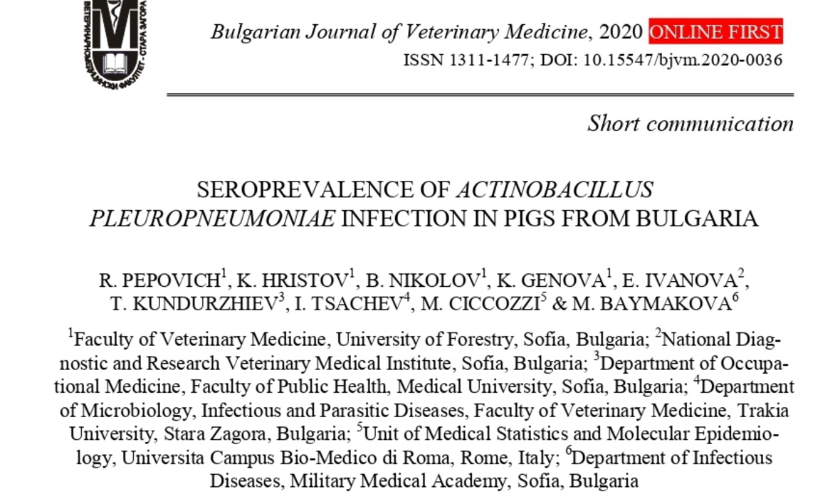 Seroprevalence of Actinobacillus pleuropneumoniae Infection in Pigs from Bulgaria