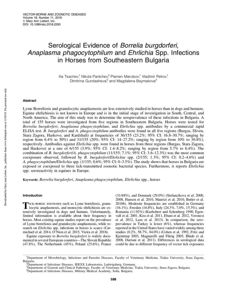 Serological Evidence of Borrelia burgdorferi, Anaplasma phagocytophilum and Ehrlichia spp. Infections in Horses from Southeastern Bulgaria
