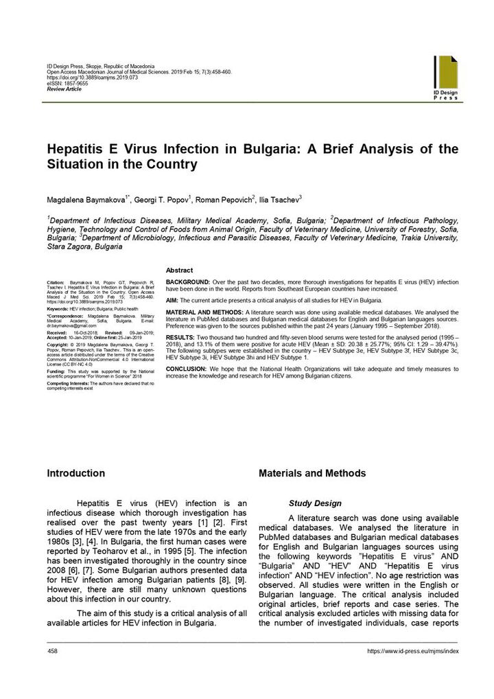 Hepatitis E Virus Infection in Bulgaria: A Brief Analysis of the Situation in the Country