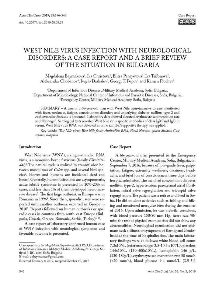West Nile Virus Infection with Neurological Disorders: A Case Report and a Brief Review of the Situation in Bulgaria