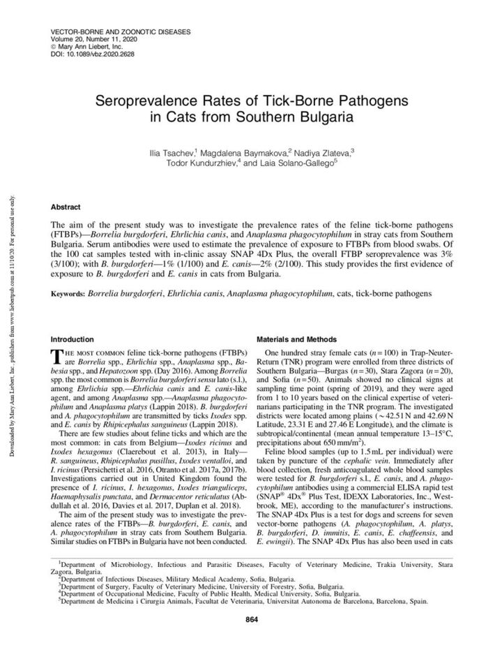 Seroprevalence Rates of Tick-Borne Pathogens in Cats from Southern Bulgaria