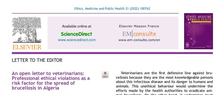 An Open Letter to Veterinarians: Professional Ethical Violations as a Risk Factor for the Spread of Brucellosis in Algeria