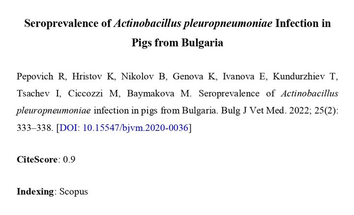 Seroprevalence of Actinobacillus pleuropneumoniae Infection in Pigs from Bulgaria