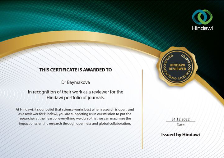 Hindawi Reviewer Certificate 2022