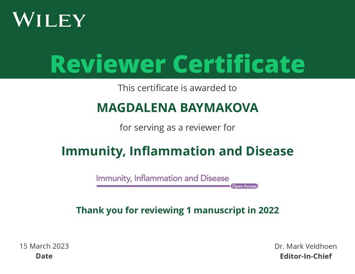 Reviewer Certificate, "Immunity, Inflammation and Disease" (IF: 2.493)