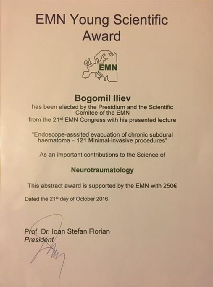 Неврохирург от МУ-Варна и УМБАЛ „Св. Марина“ бе отличен с награда за млад учен в областта на невротравматологията