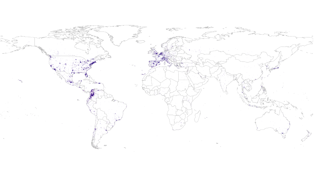 The geography of tweets by presumed Colombian Twitter users between 2016 and 2019. After Colombia, the highest density of tweets is found in the United States, South America (Mexico, Argentina, Venezuela, Chile, Brazil) and Europe (Spain, United Kingdom, France, Italy, Germany). We define potential Colombians as those that use “#Colombia” or display the Colombian flag (??) in their profile description.